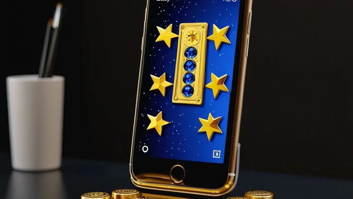 Celular en una base dorada con una tragamonedas de estrellas doradas y monedas