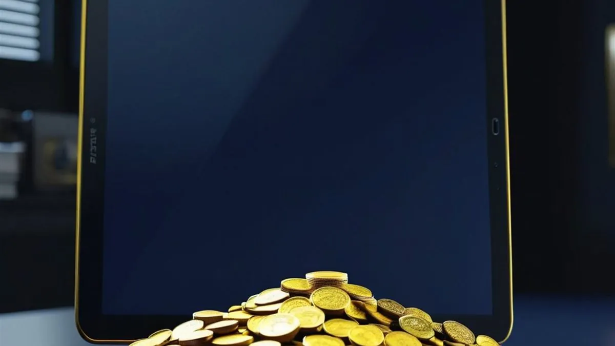 Tablet sobre una bandeja llena de monedas doradas en un escritorio oscuro