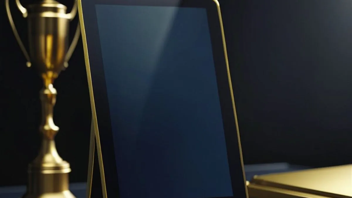 Tablet junto a un trofeo dorado y monedas doradas sobre un escritorio oscuro