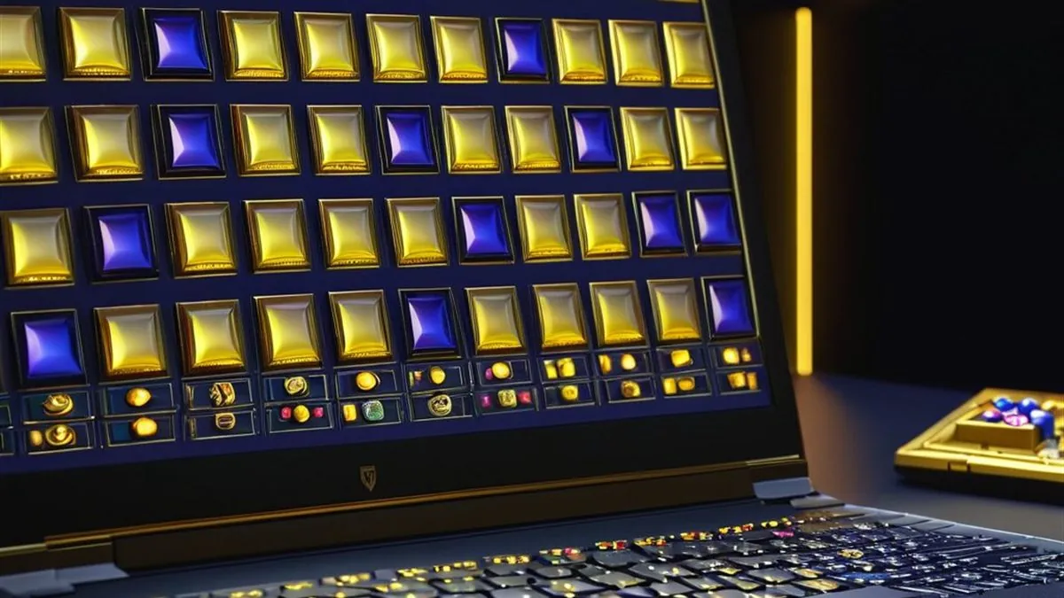 Laptop con una cuadrícula de juegos dorados y morados en la pantalla